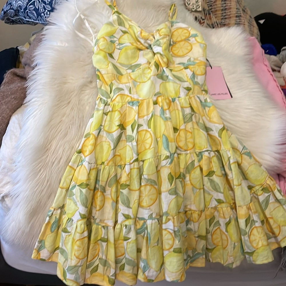 Avec Les Filles Yellow Lemon Print Mini Dress